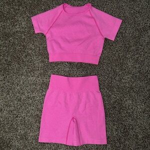 Amazon Seamless Pink Athletic Crop Top and Shorts Set